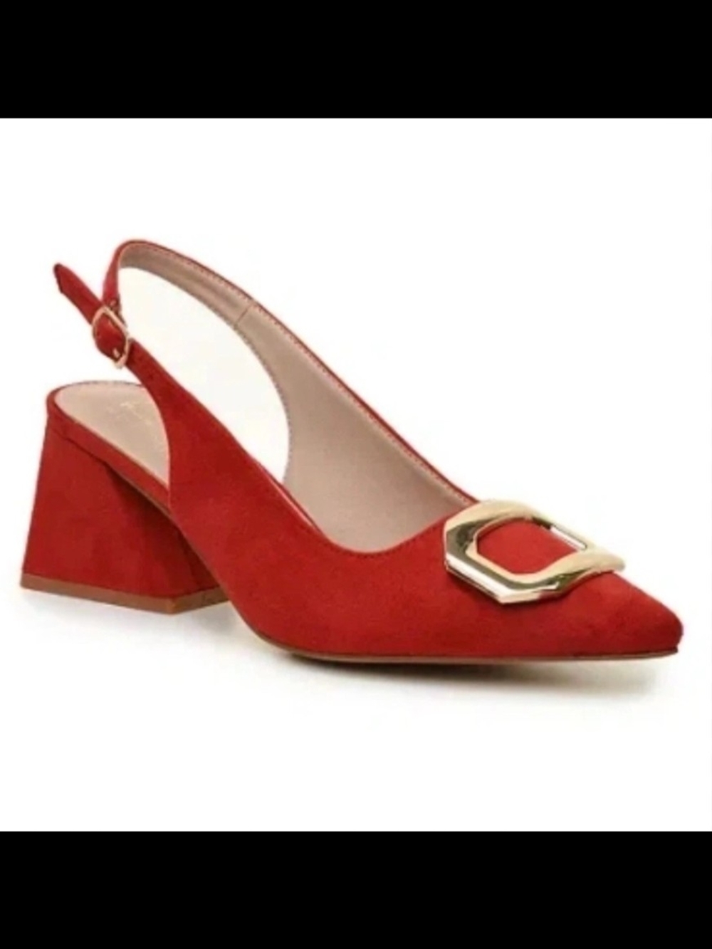 Nicole Miller Red Pointed Slingback Block Heel with Gold Accent